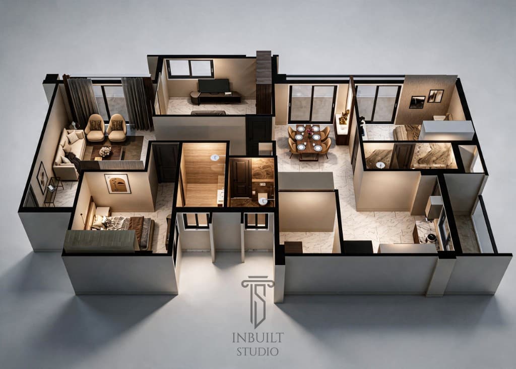 3D floor plan of Twin Tower 3 BHK Type 01