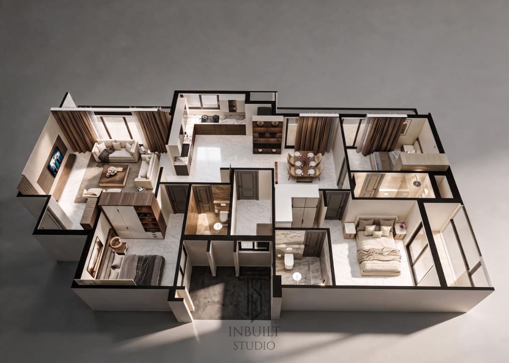 3D floor plan of Twin Tower 3 BHK Type 02