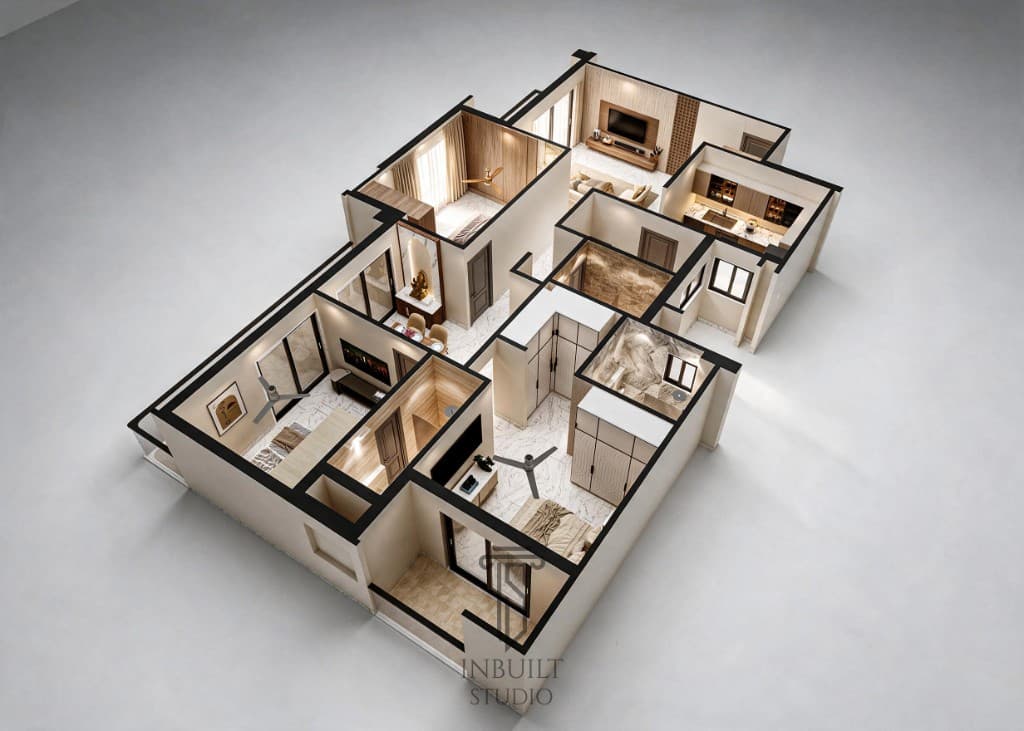 3D floor plan of Twin Tower 3 BHK Type 03