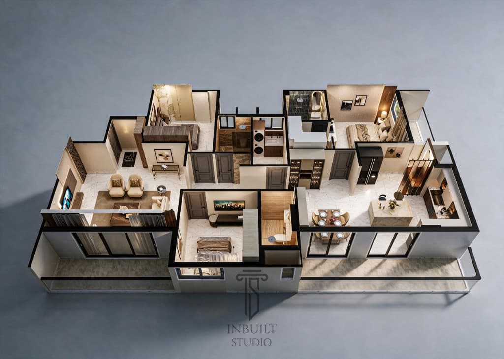 3D floor plan of Twin Tower 3 BHK Type 04